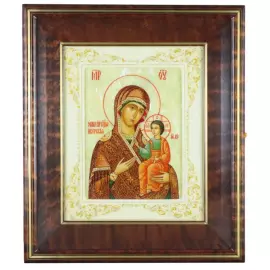 Icon of the Iverian Mother of God in a white frame and a kiosk on natural mother of pearl