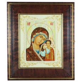 Icon of the Kazan Mother of God in a white frame and a kiosk on natural mother of pearl