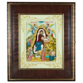 Икона "Рождество Христово" в белой раме и киоте на натуральном перламутре Икона "Рождество Христово" в белой раме и киоте на натуральном перламутре