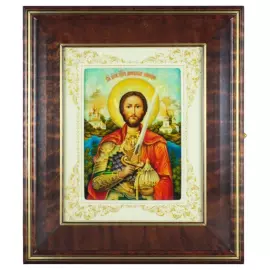 Икона "Святой благоверный князь Александр Невский" в белой раме и киоте на натуральном перламутре