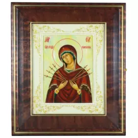 Икона "Семистрельная Богоматерь" в белой раме и киоте на натуральном перламутре