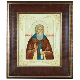 Икона "Сергий Радонежский" в белой раме и киоте на натуральном перламутре