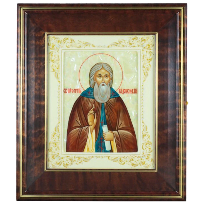 The icon "Sergius of Radonezh" in a white frame and a kiosk on natural mother-of-pearl