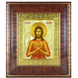 Икона "Алексий человек Божий" в киоте и золотой раме на натуральном перламутре