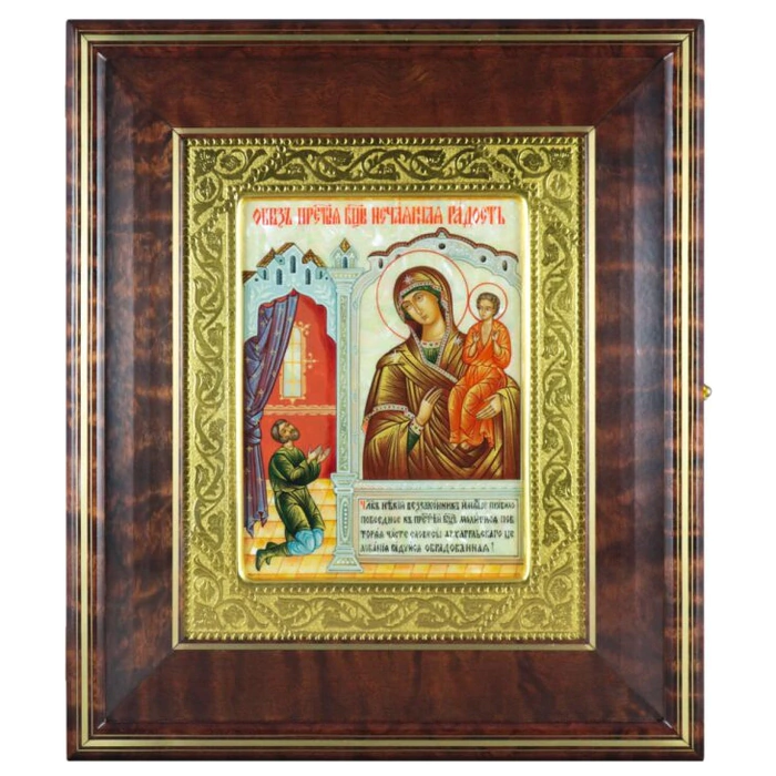 Icon "Our Lady of Unexpected Joy" in a kiosk and a gold frame on natural mother-of-pearl