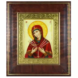 Икона "Богоматерь Умягчение злых сердец" в киоте и золотой раме на натуральном перламутре