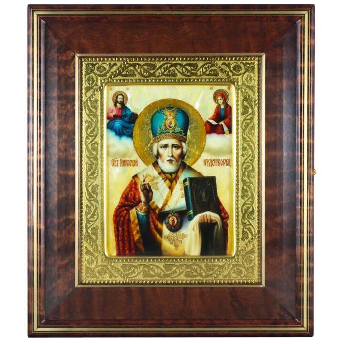 Icon "Nicholas the Wonderworker" in a kiosk and a gold frame on natural mother-of-pearl