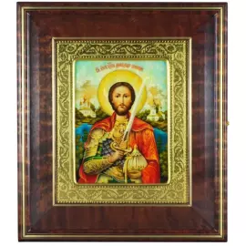 Икона "Святой благоверный князь Александр Невский" в киоте и золотой раме на натуральном перламутре
