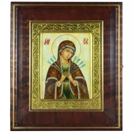 Икона "Семистрельная Богоматерь" в киоте и золотой раме на натуральном перламутре