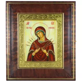Икона "Семистрельная Богоматерь" в киоте и золотой раме на натуральном перламутре