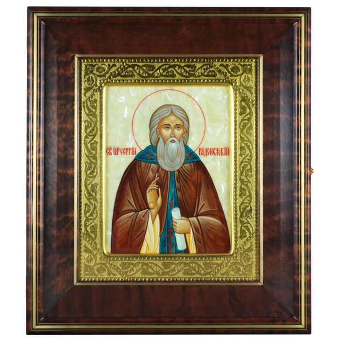 Icon "Sergius of Radonezh" in a kiosk and a gold frame on natural mother-of-pearl