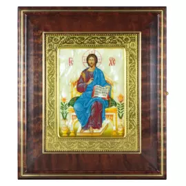 Икона "Спас на престоле" в киоте и золотой раме на натуральном перламутре