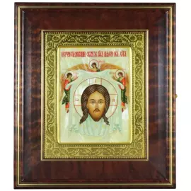 Икона "Спас Нерукотворный" в киоте и золотой раме на натуральном перламутре