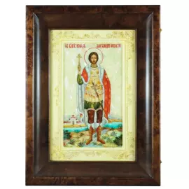 Икона "Святой благоверный князь Александр Невский" на натуральном перламутре в киоте и белой раме