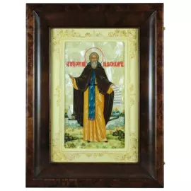 Икона "Сергий Радонежский" на натуральном перламутре в киоте и белой раме