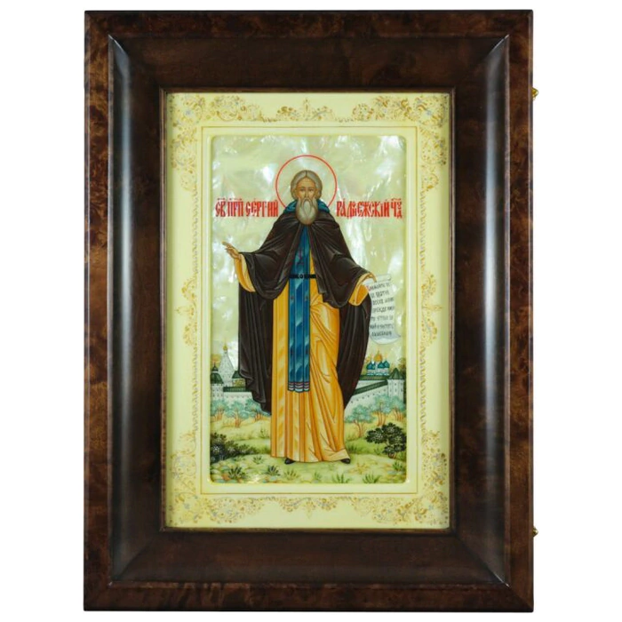 The icon "Sergius of Radonezh" on natural mother-of-pearl in a kiosk and a white frame