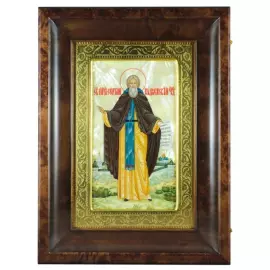 Икона "Сергий Радонежский" на натуральном перламутре в киоте