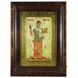Икона "Спиридон Тримифунтский" на натуральном перламутре в киоте