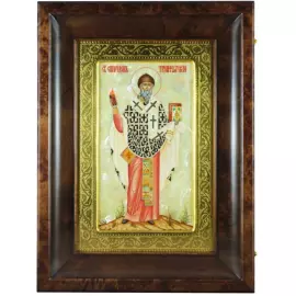 Икона "Спиридон Тримифунтский" на натуральном перламутре в киоте