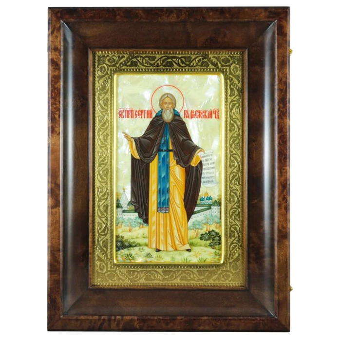 The icon "Sergius of Radonezh" on natural mother-of-pearl in a kiosk