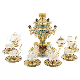 Чайный набор с самоваром "Гжель" с лазуритом и эмалью, на 6 персон, Златоуст