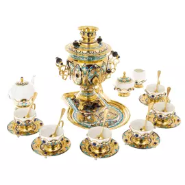 Чайный набор с самоваром "Гжель" с лазуритом и эмалью, на 6 персон, Златоуст