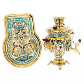 Чайный набор с самоваром "Гжель" с лазуритом и эмалью, на 6 персон, Златоуст