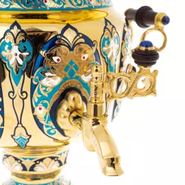 Чайный набор с самоваром "Гжель" с лазуритом и эмалью, на 6 персон, Златоуст