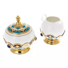 Чайный набор с самоваром "Гжель" с лазуритом и эмалью, на 6 персон, Златоуст