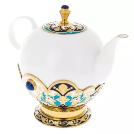 Чайный набор с самоваром "Гжель" с лазуритом и эмалью, на 6 персон, Златоуст