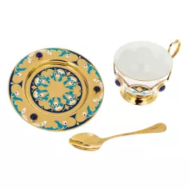 Чайный набор с самоваром "Гжель" с лазуритом и эмалью, на 6 персон, Златоуст