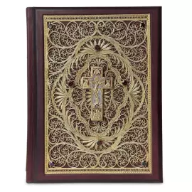 Книга в кожаном переплете "Библия в миниатюрах Палеха" большая, с филигранью и гранатами