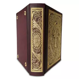 Книга в кожаном переплете "Библия в миниатюрах Палеха" большая, с филигранью и гранатами