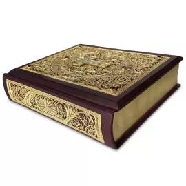 Книга в кожаном переплете "Библия в миниатюрах Палеха" большая, с филигранью и гранатами