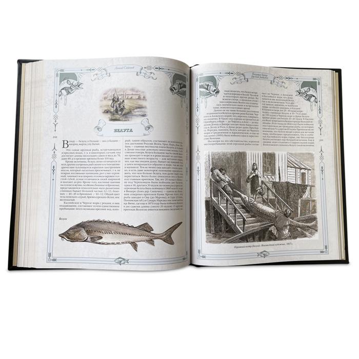 The leather-bound book "The Big Book of Russian fishing" by L.P. Sabaneev.