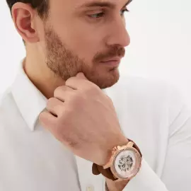 Наручные механические часы с автоподзаводом Mikhail Moskvin "Elegance" золотистые с коричневым ремешком