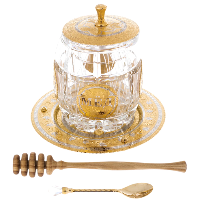 Honey bowl "Barrel" on a plate, Zlatoust