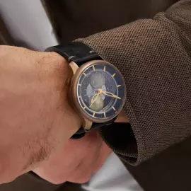 Наручные механические часы с автоподзаводом Lincor "Спутник" черно-бежевые с черным ремешком