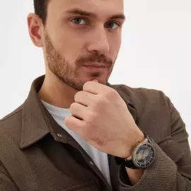 Наручные механические часы с автоподзаводом Lincor "Спутник" черно-бежевые с черным ремешком