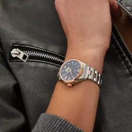 Наручные механические часы Lincor Uni сине-золотистые с серебристым ремешком