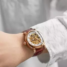 Наручные механические часы с автоподзаводом Lincor UNI бело-золотистые с коричневым ремешком