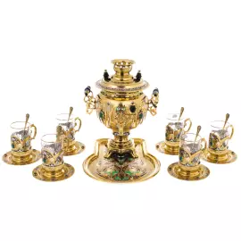 Чайный набор с самоваром "Русское застолье" на 6 персон, с малахитом, 20 предметов, Златоуст