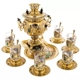 Чайный набор с самоваром "Русское застолье" на 6 персон, с малахитом, 20 предметов, Златоуст