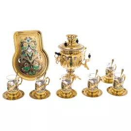 Чайный набор с самоваром "Русское застолье" на 6 персон, с малахитом, 20 предметов, Златоуст