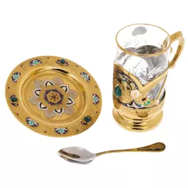 Чайный набор с самоваром "Русское застолье" на 6 персон, с малахитом, 20 предметов, Златоуст