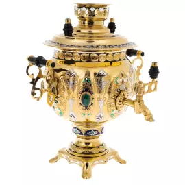 Чайный набор с самоваром "Русское застолье" на 6 персон, с малахитом, 20 предметов, Златоуст