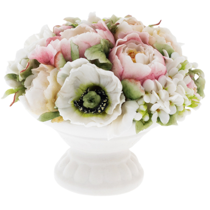 Сувенир из фарфора "Корзина с цветами" с пионом, маком и сиренью, малая, в подарочной коробке