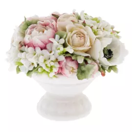 Сувенир из фарфора "Корзина с цветами" с пионом, маком и сиренью, малая, в подарочной коробке