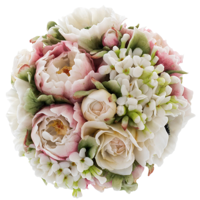 Сувенир из фарфора "Корзина с цветами" с пионом, маком и сиренью, малая, в подарочной коробке