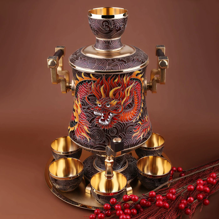 A set for strong drinks "Dragon" made of silver, for 6 people